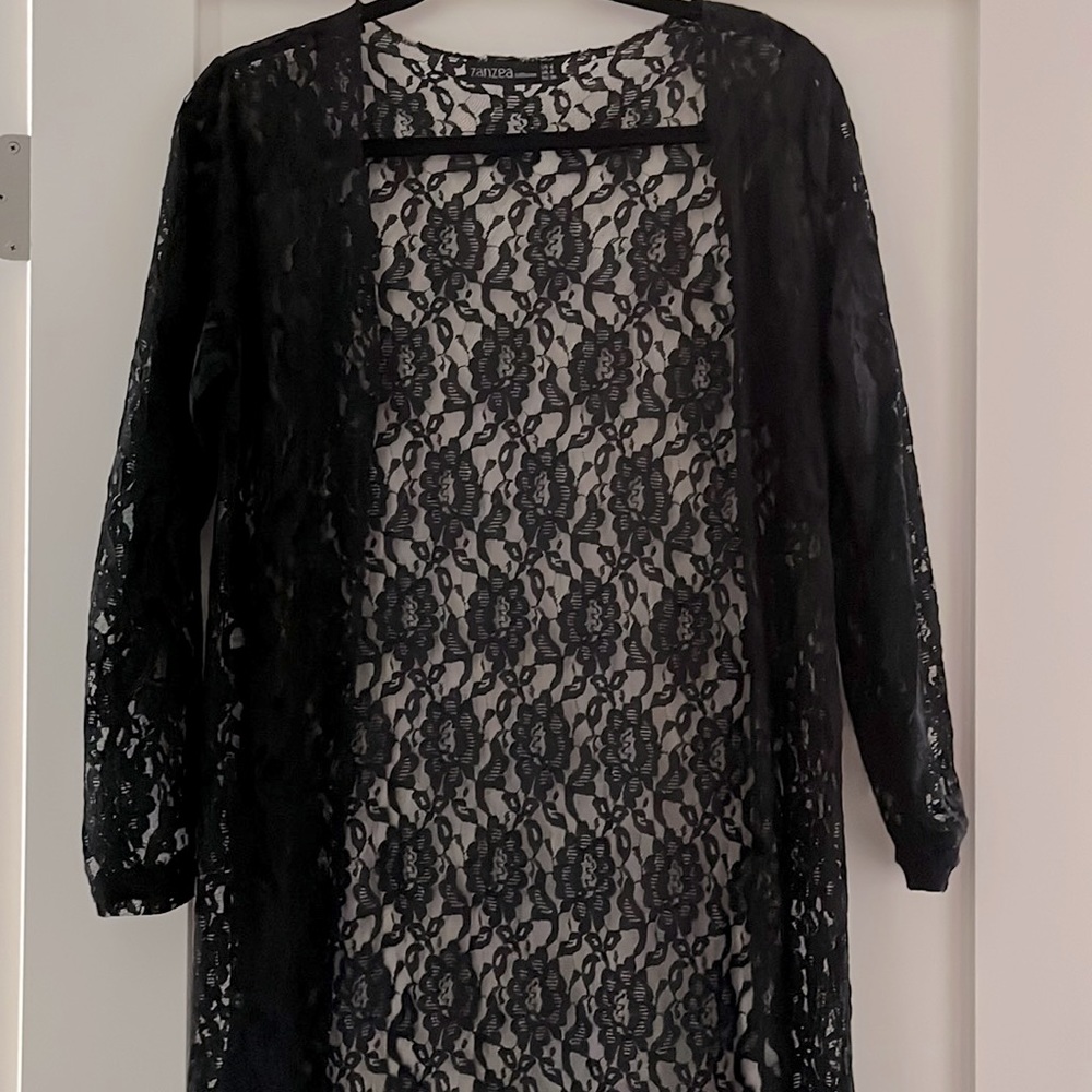 Black laced long, long-sleeve bathing suit cover. Zanzea Collection, size 4.